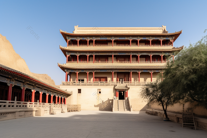 蓝天下的复古风敦煌莫高窟实拍摄影图,高清,摄影图,摄影图片,图片大全,摄影图免费下载